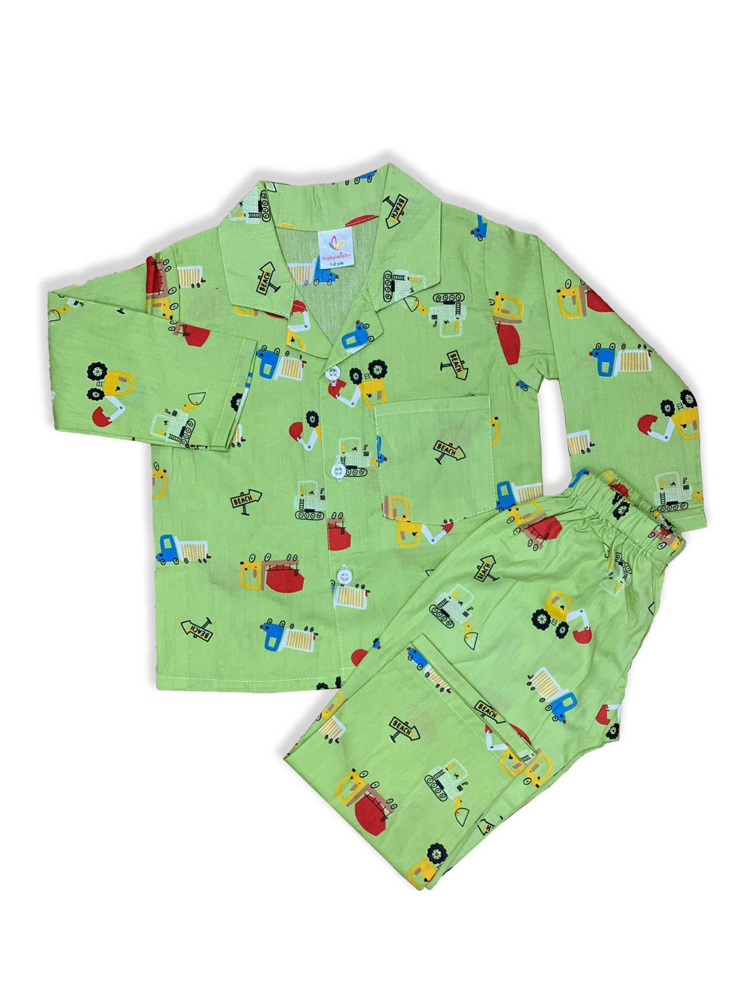 

Babywish Kids Printed Pure Cotton Shirt Collar Night suit, Green