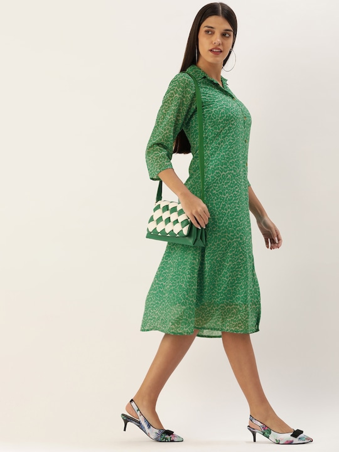 

shiloh Abstract Printed Georgette A-Line Dress, Green