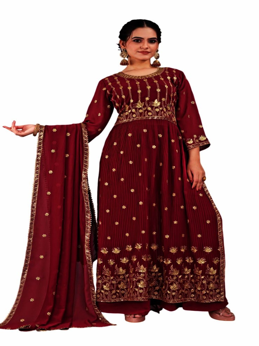 

RUDRAA FAB Ethnic Motifs Embroidered Georgette Straight Kurta with Palazzos & Dupatta, Maroon
