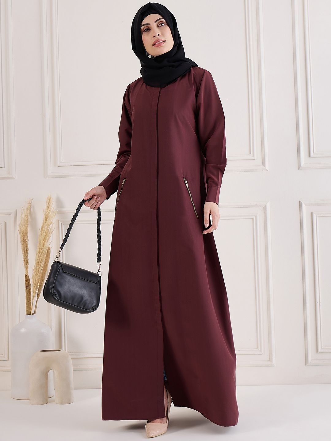 

NABIA Women Solid Round Neck Abaya Burqa, Maroon