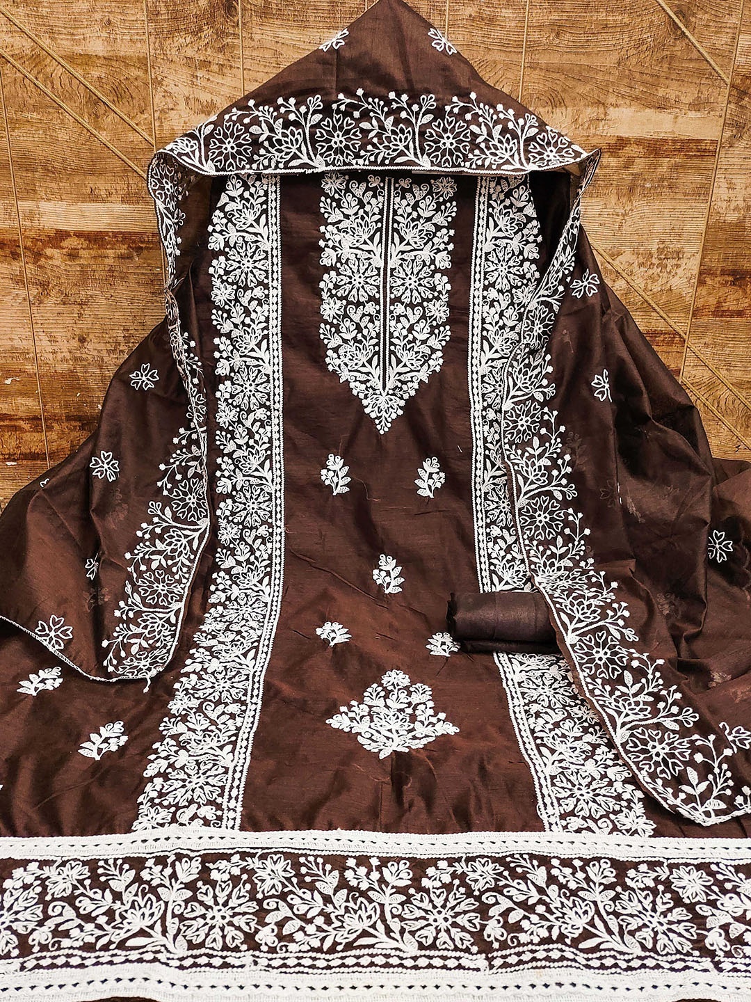 

MANVAA Floral Embroidered Unstitched Dress Material, Brown