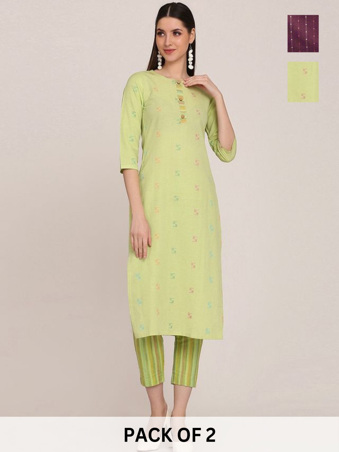 

KALINI Selections Of 2 Straight Kurta with Trousers, Green
