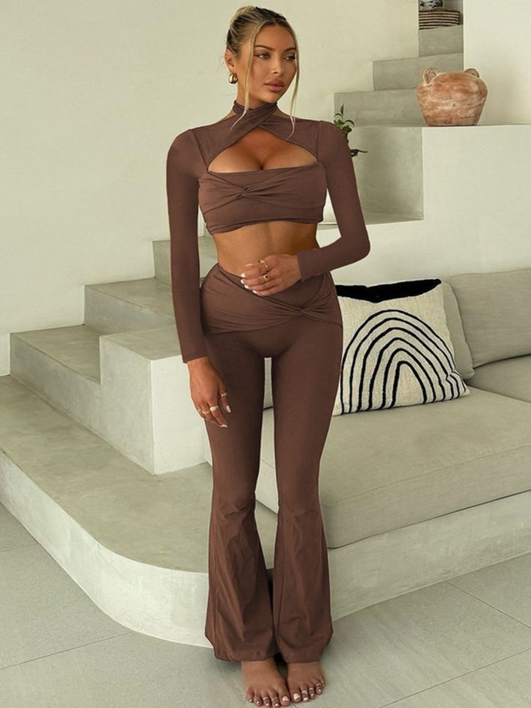 

LULU & SKY Halter Neck Long Sleeves Crop Top With Trousers, Brown