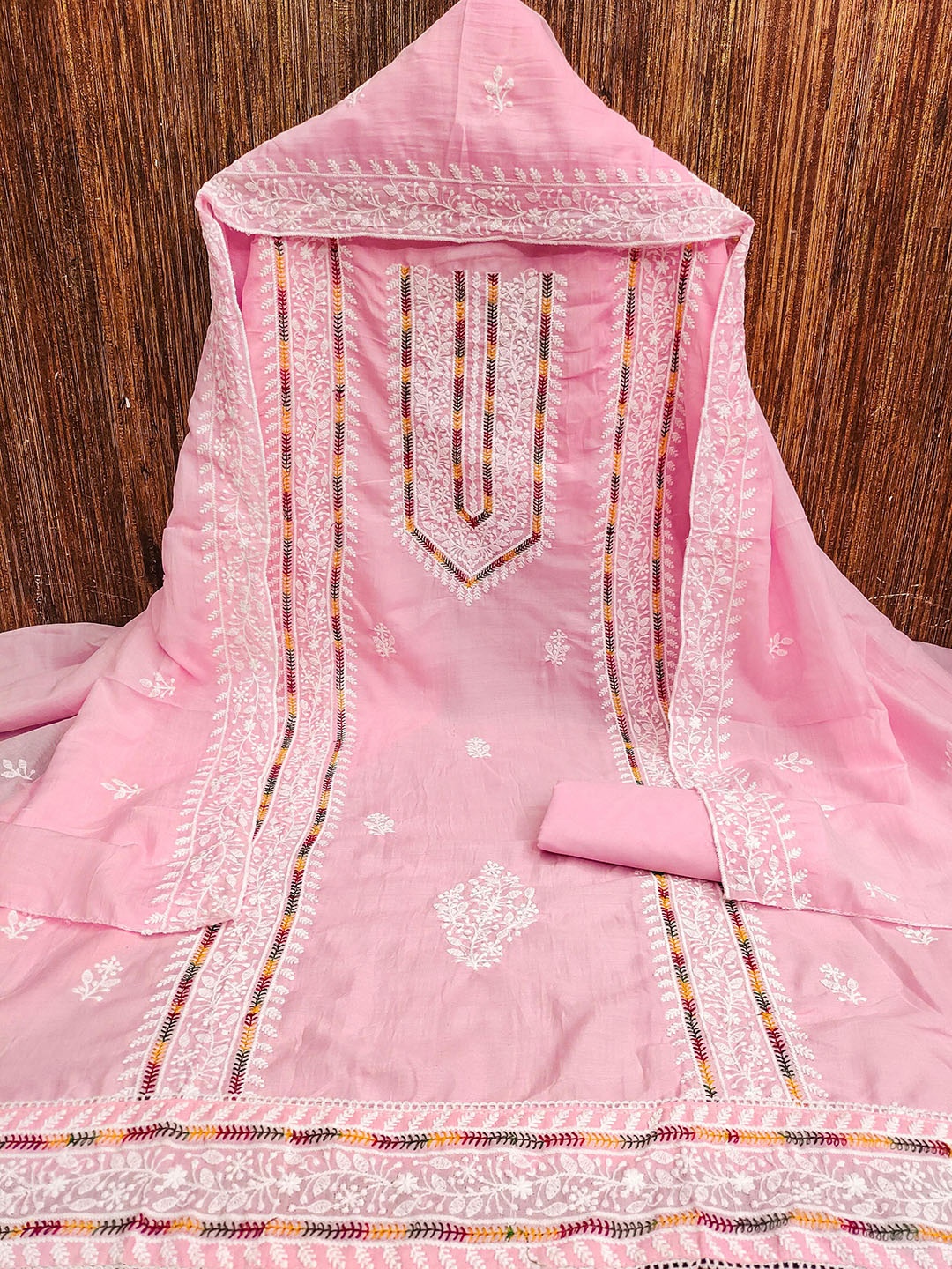 

MANVAA Floral Embroidered Unstitched Dress Material, Pink