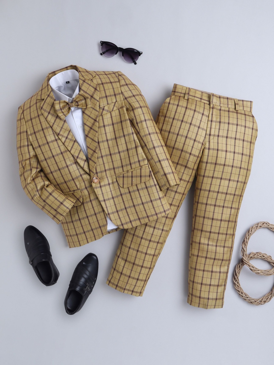 

BAESD Boys Checked Single-Breasted Four-Piece Suit, Khaki