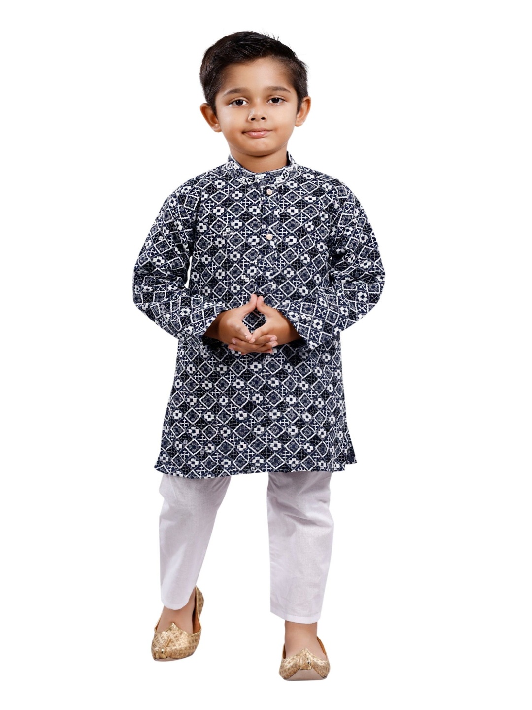 

BAESD Boys Geometric Printed Mandarin Collar Straight Kurta with Pyjamas, Navy blue