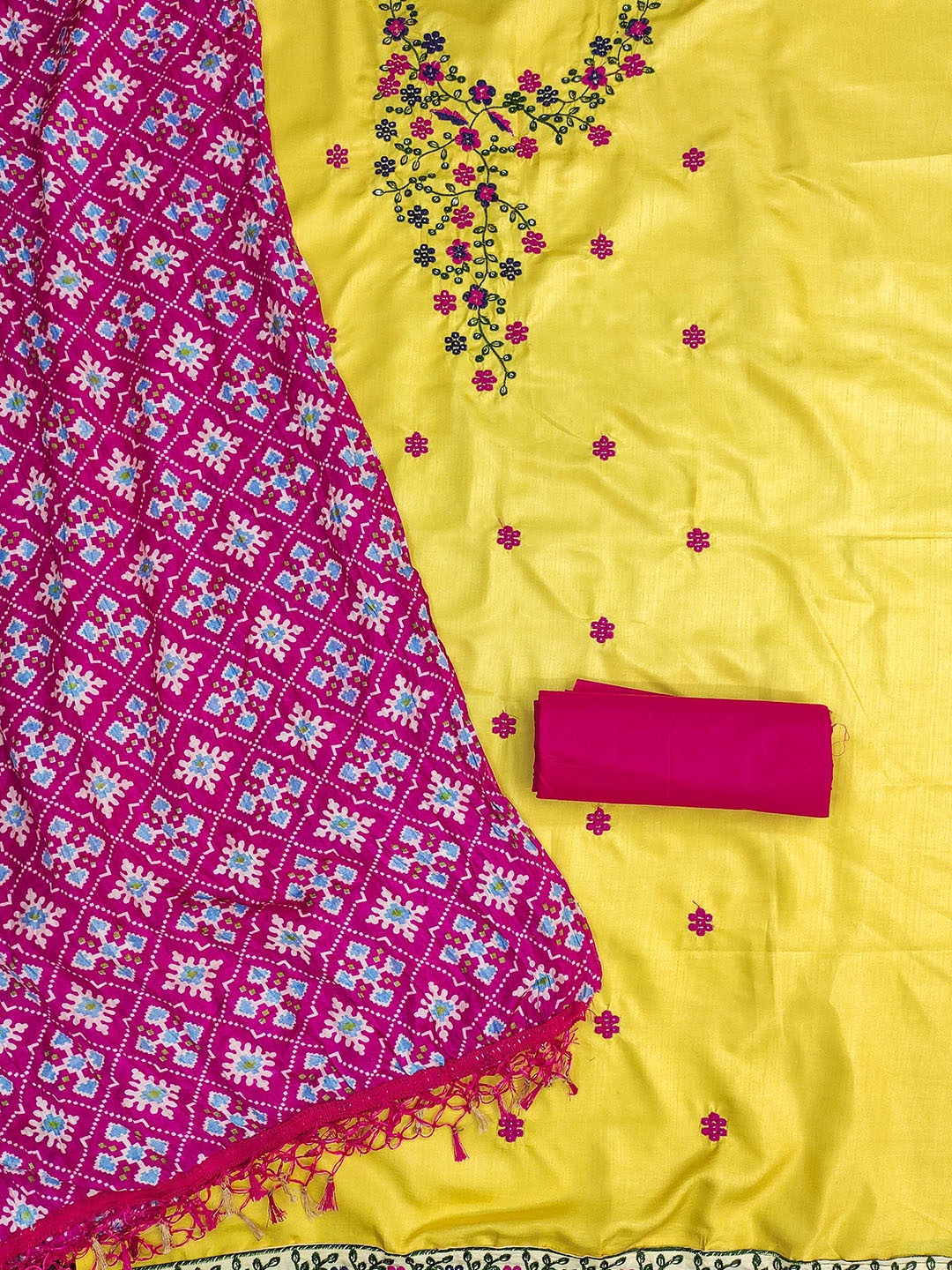 

MANVAA Floral Embroidered Sequinned Cotton Unstitched Dress Material, Yellow