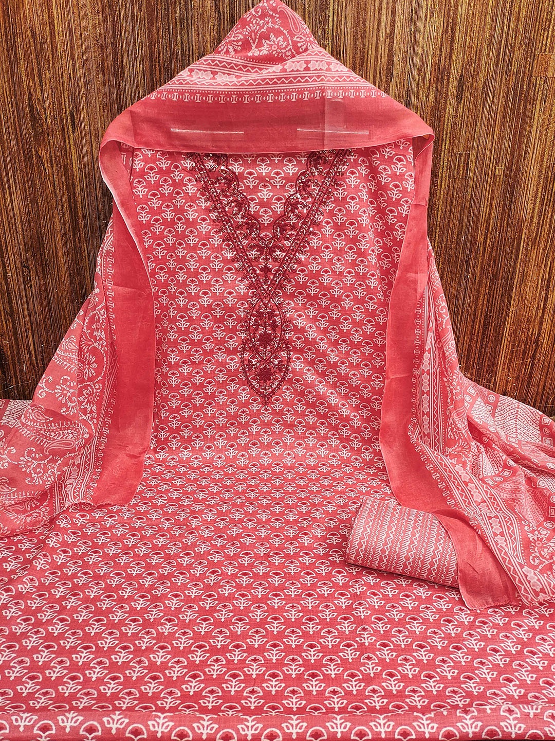 

MANVAA Floral Embroidered Sequinned Cotton Unstitched Dress Material, Pink