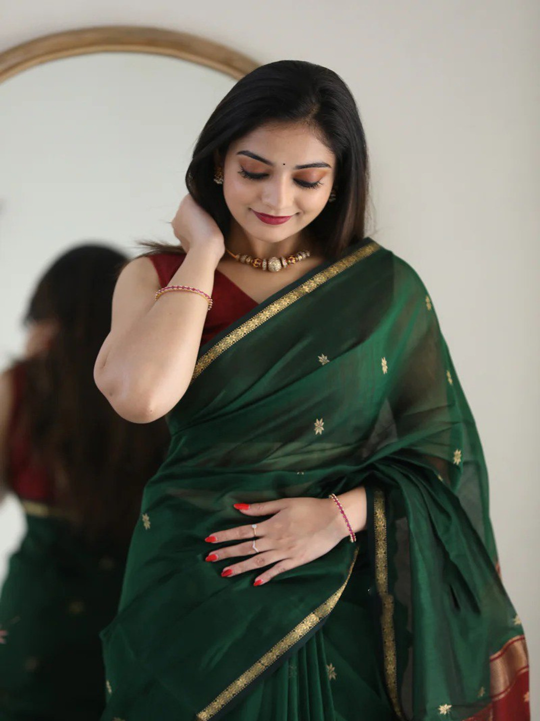 

revika Ethnic Motifs Zari Pure Silk Kanjeevaram Saree, Green
