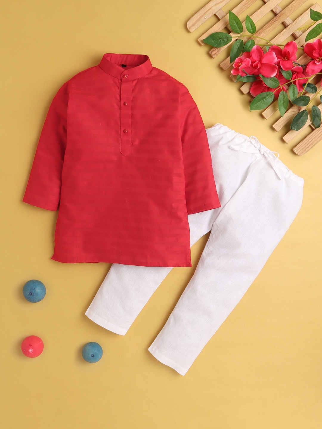 

BAESD Boys Striped Mandarin Collar Kurta With Trousers, Red