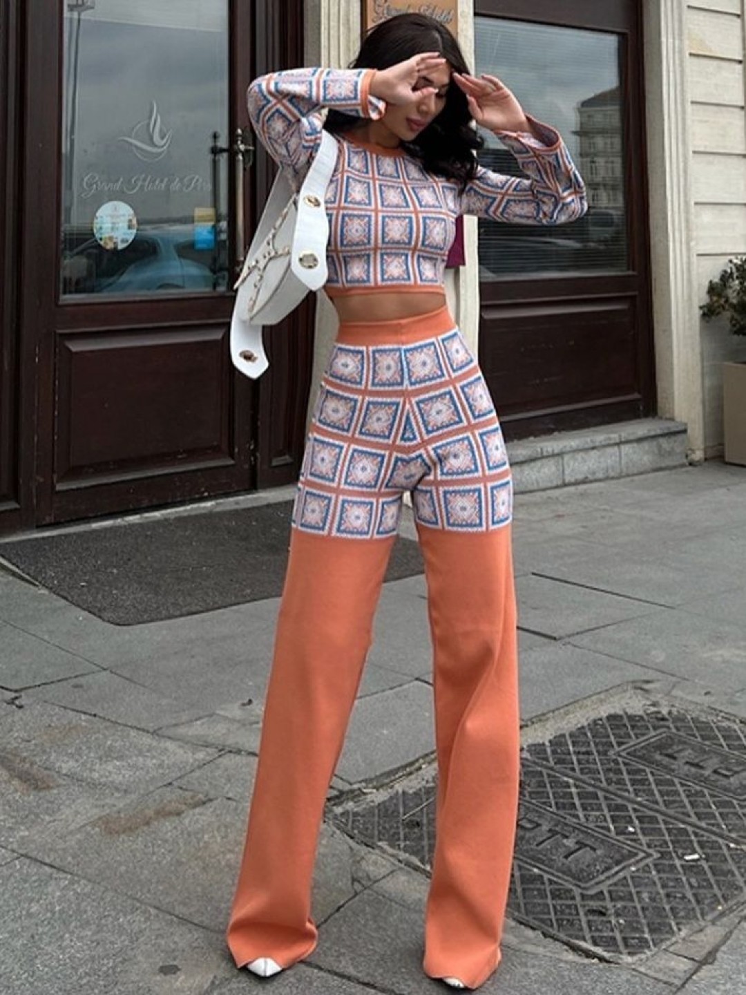 

LULU & SKY Geometric Printed Round Neck Long Sleeves Crop Top With Trousers, Orange