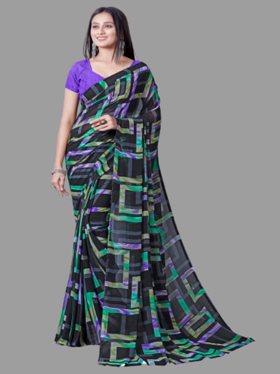 

Sanwariya Silk Geometric Printed Pure Georgette Saree, Navy blue