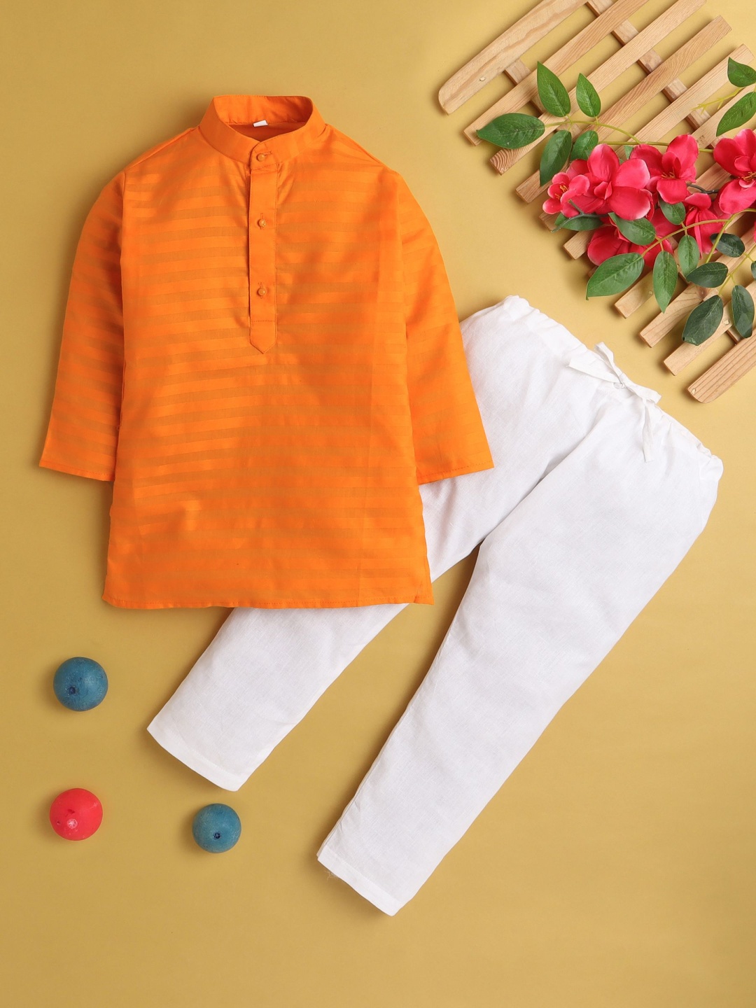 

BAESD Boys Striped Mandarin Collar Kurta With Trousers, Orange