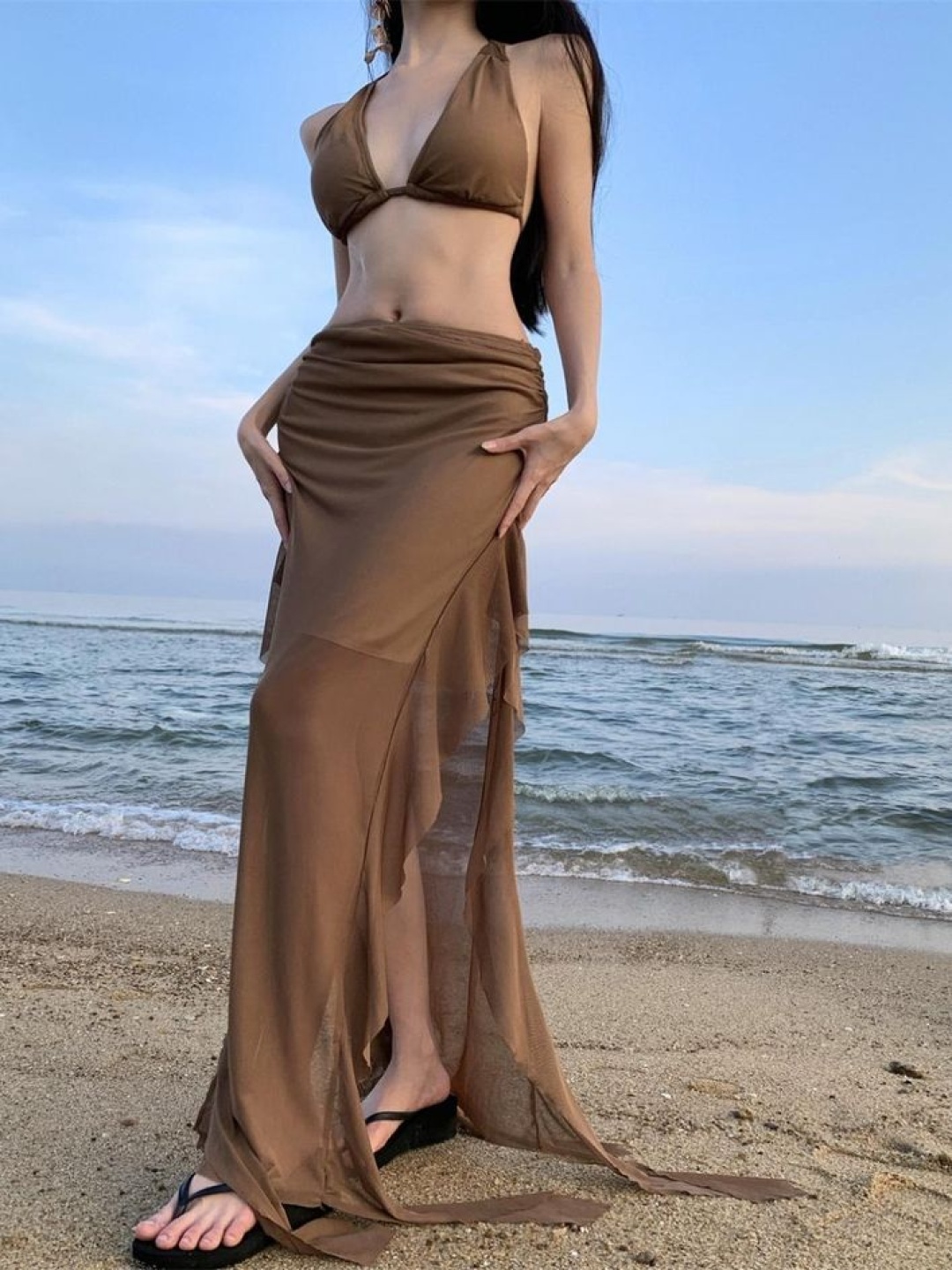 

LULU & SKY Halter Neck Sleeveless Bralette Top With Maxi Skirt, Brown