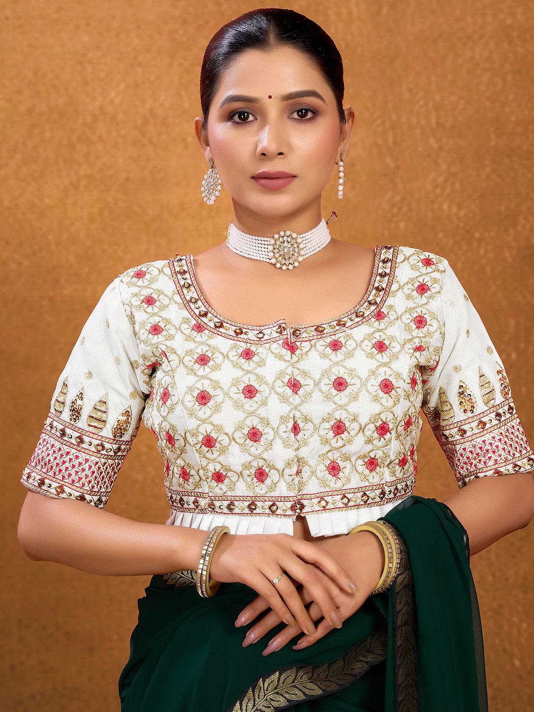 

KALINI Sequinned Embroidered Silk Saree Blouse, White