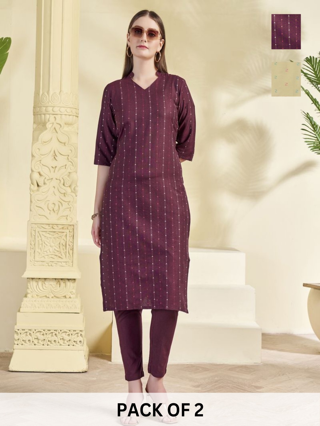 

KALINI Selections Of 2 Straight Kurta With Trousers, Yellow