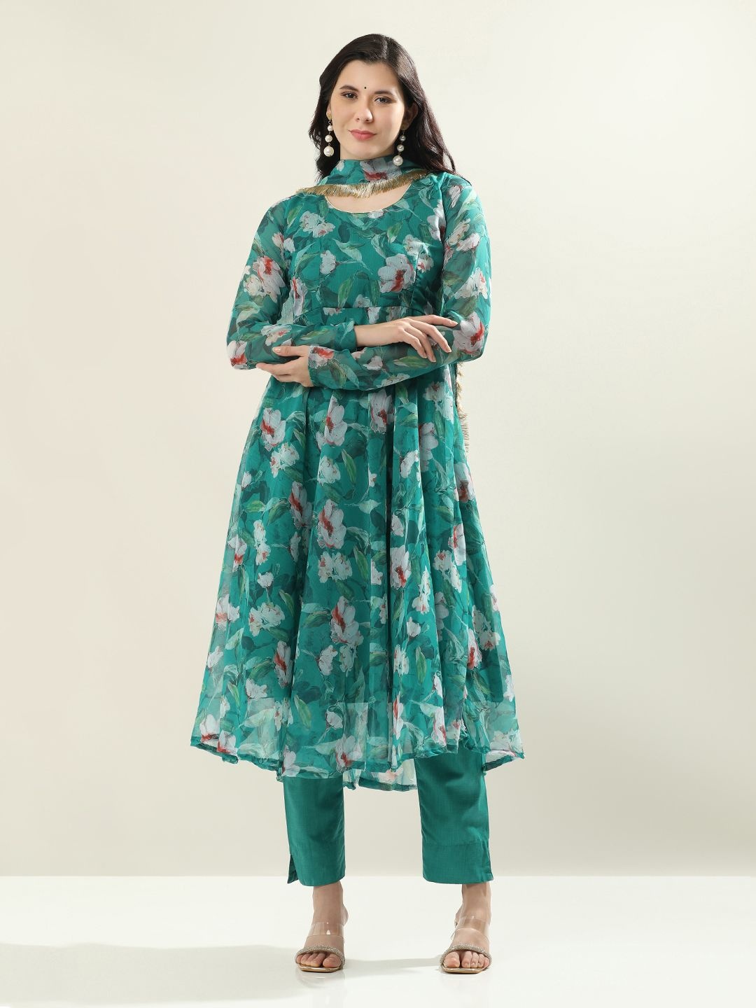 

Jaipur Kurti Floral Printed Layered Phulkari Anarkali Kurta With Trousers & Dupatta, Green