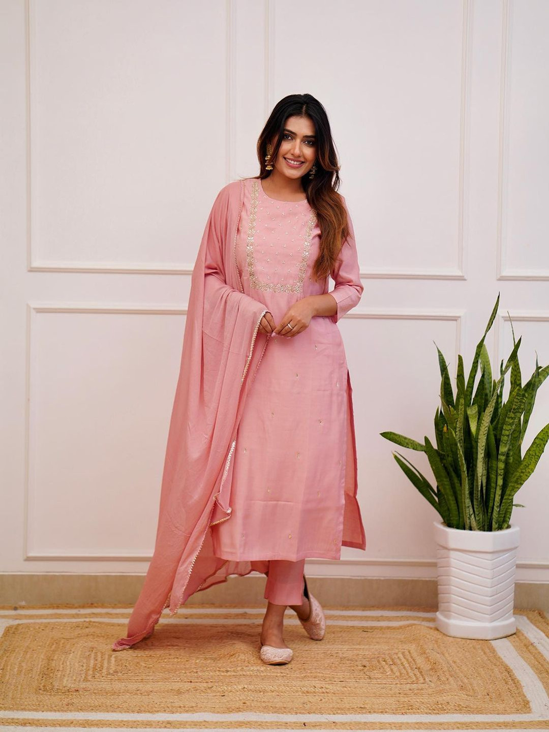 

Jinax Floral Embroidered Kurta with Trousers & Dupatta, Peach