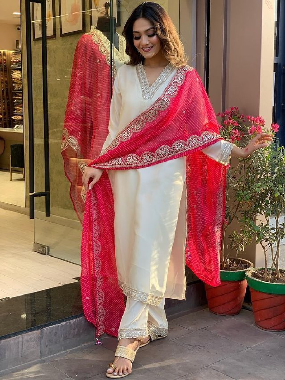 

Jinax Floral Embroidered Kurta with Trousers & Dupatta, Cream