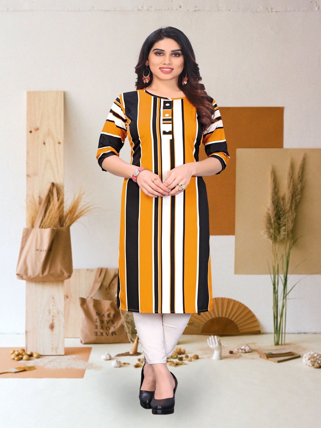 

KETAKI FASHION Striped Round Neck Straight Kurta, Mustard