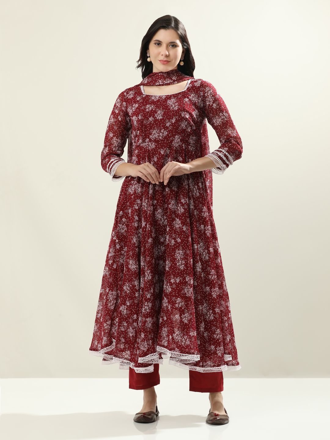 

Jaipur Kurti Floral Printed Anarkali Kurta with Trousers & Dupatta, Maroon