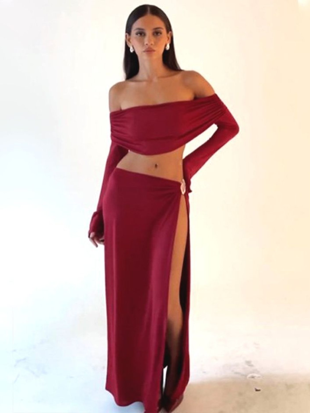 

LULU & SKY Off Shoulder Long Sleeves Crop Top With High Slit Maxi Skirt, Red