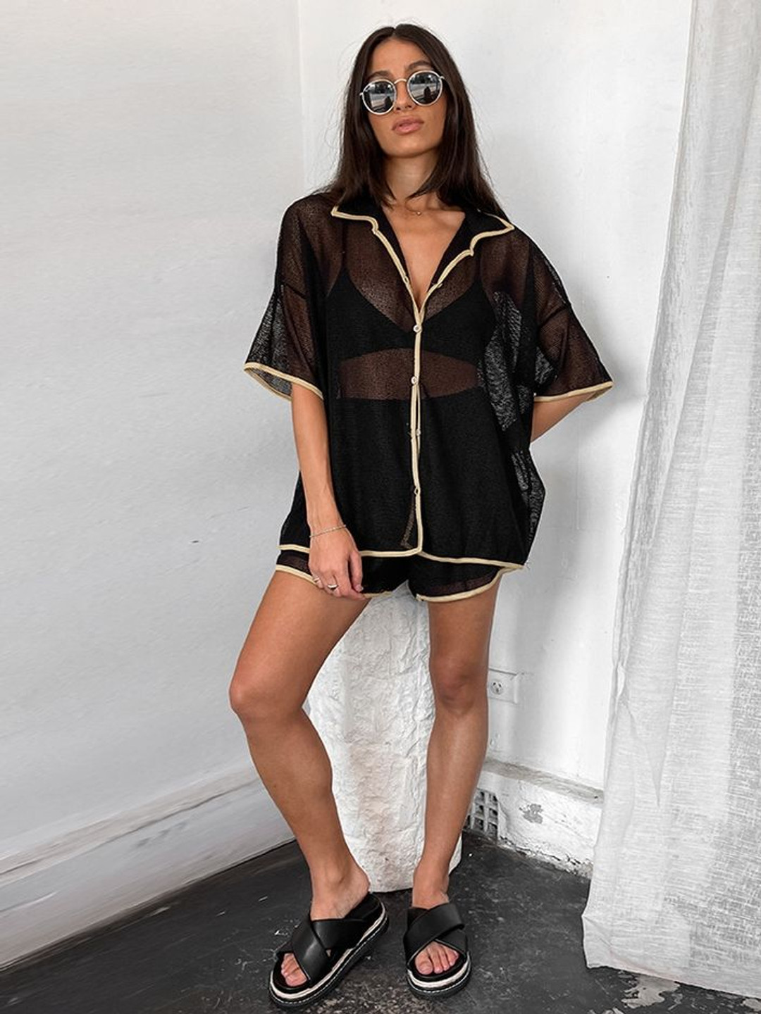 

LULU & SKY Shirt Collar Sheer Shirt & Shorts, Black