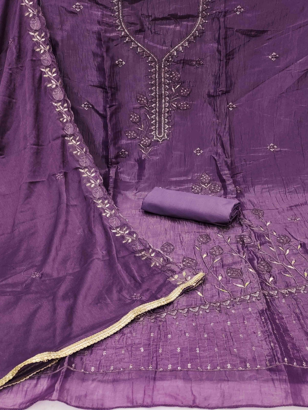 

KIMISHA Floral Embroidered Sequinned Unstitched Dress Material, Purple