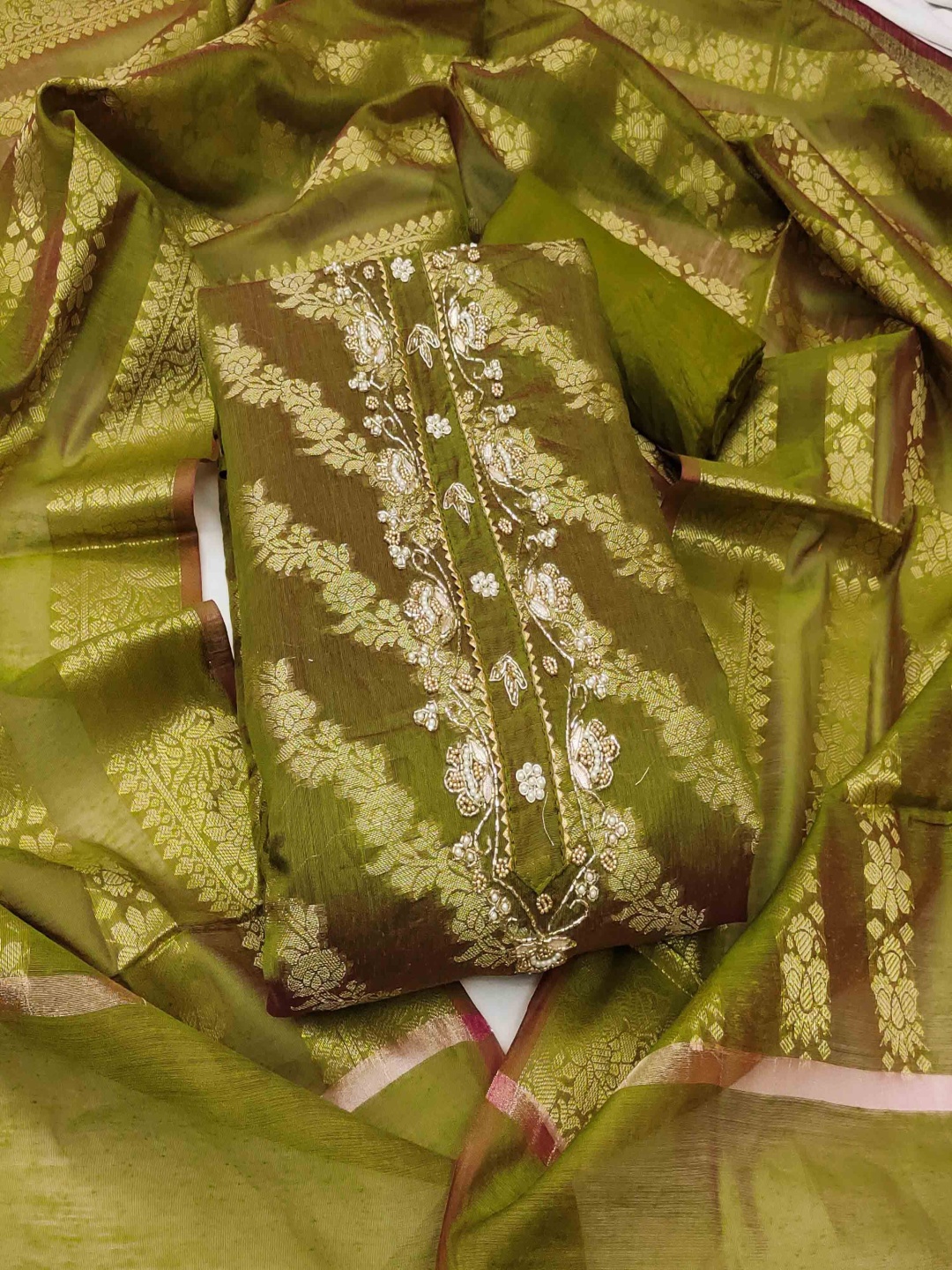 

KIMISHA Floral Woven Design Beads Work Unstitched Dress Material, Green