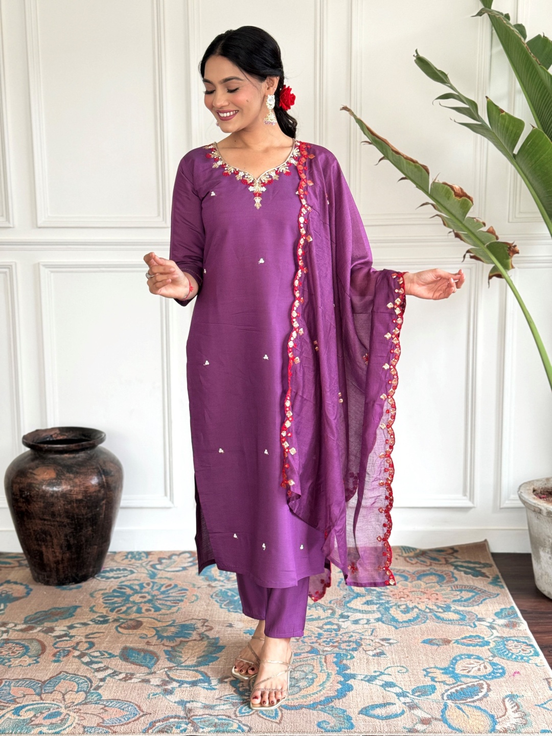 

Jinax Floral Embroidered Sequinned Kurta with Trousers & Dupatta, Purple