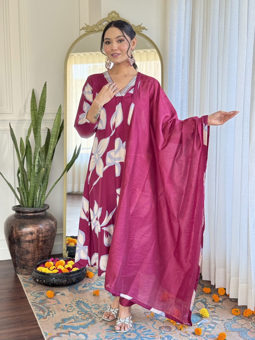 

Navlik Floral Printed Sequinned V-Neck A-Line Kurta with Trousers & Dupatta, Maroon