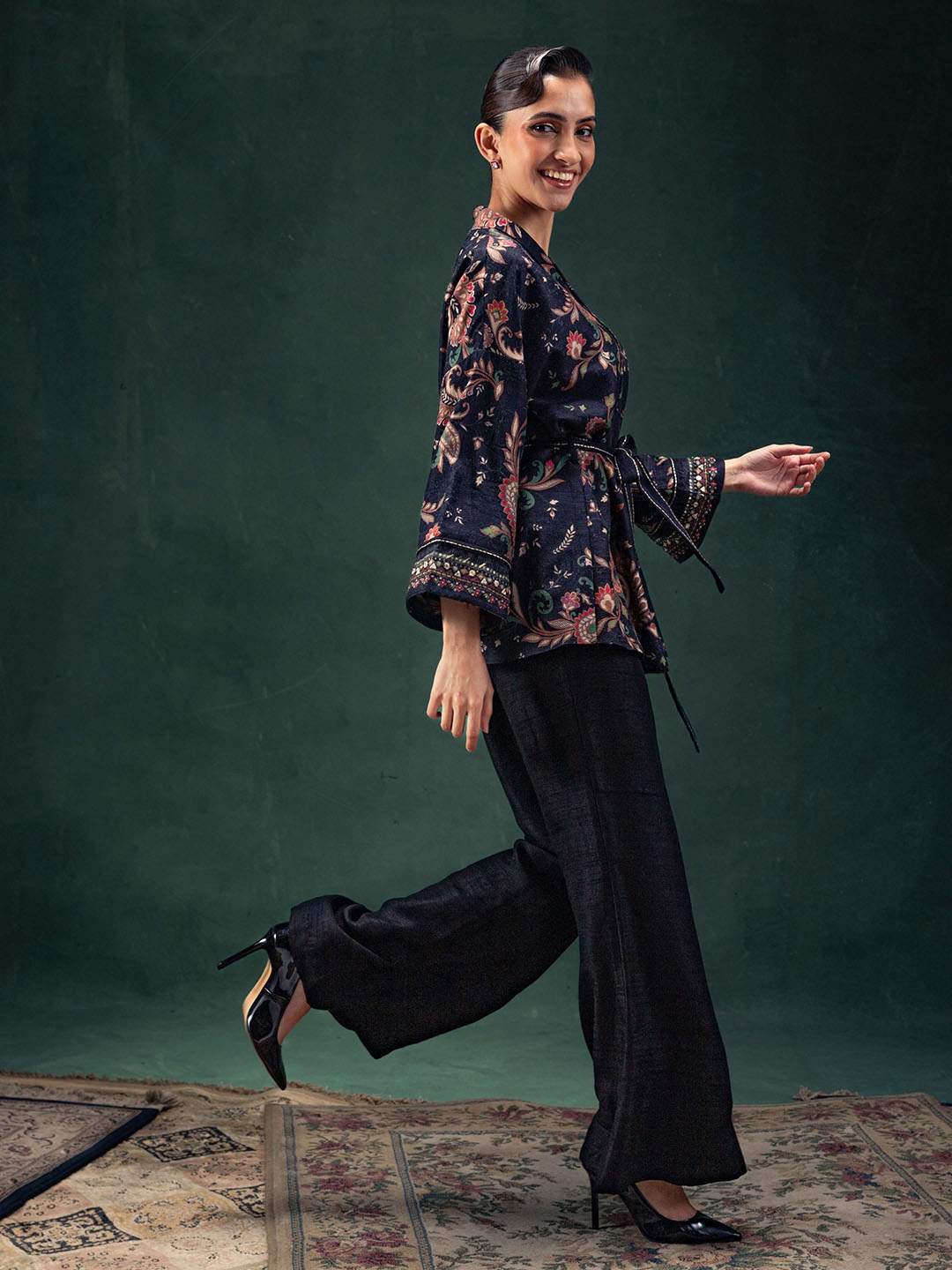 

Label Naariti Floral Printed V-Neck Long Sleeves Top With Trouser, Black