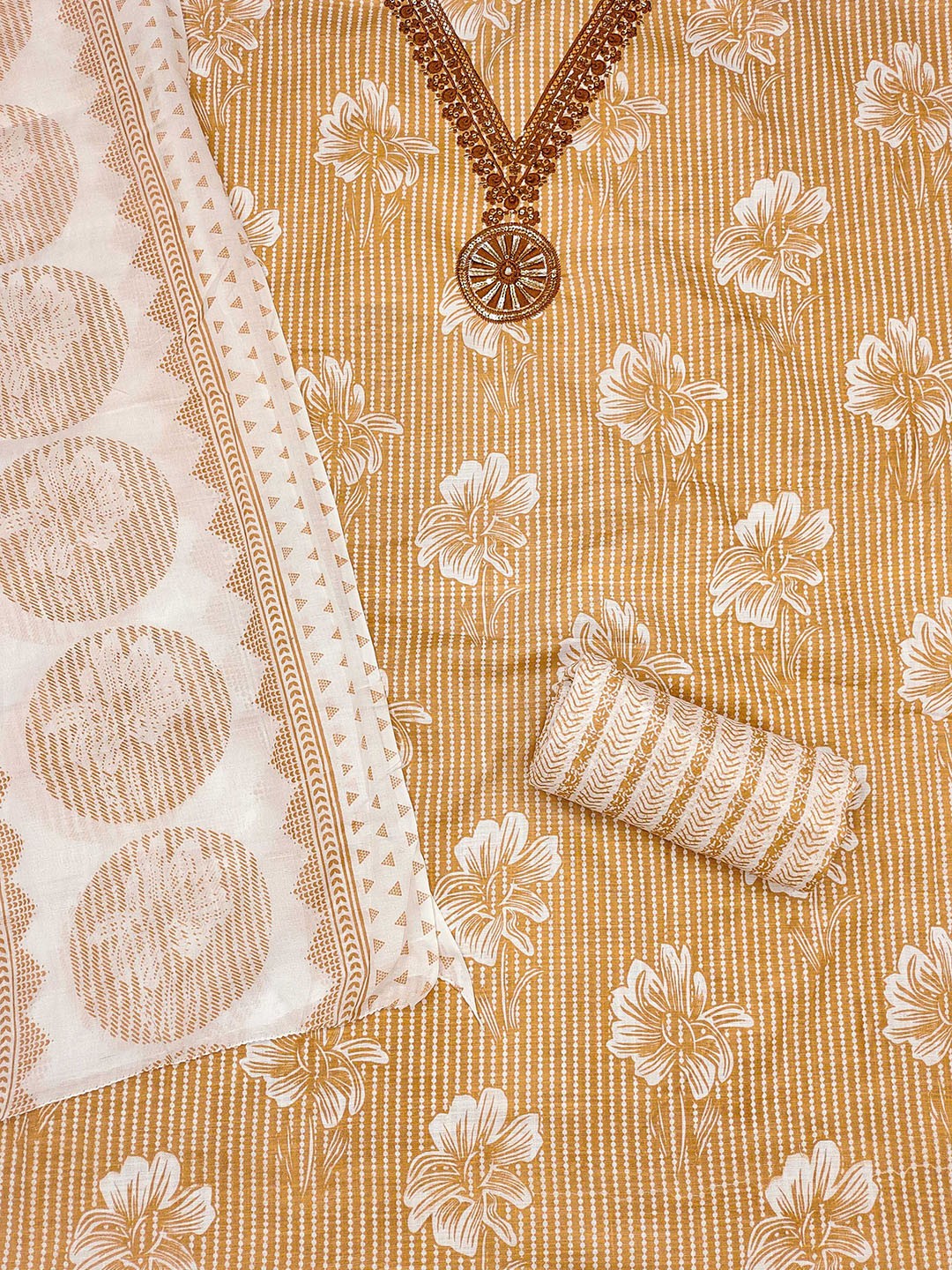 

MANVAA Floral Printed Thread Work Unstitched Dress Material, Mustard