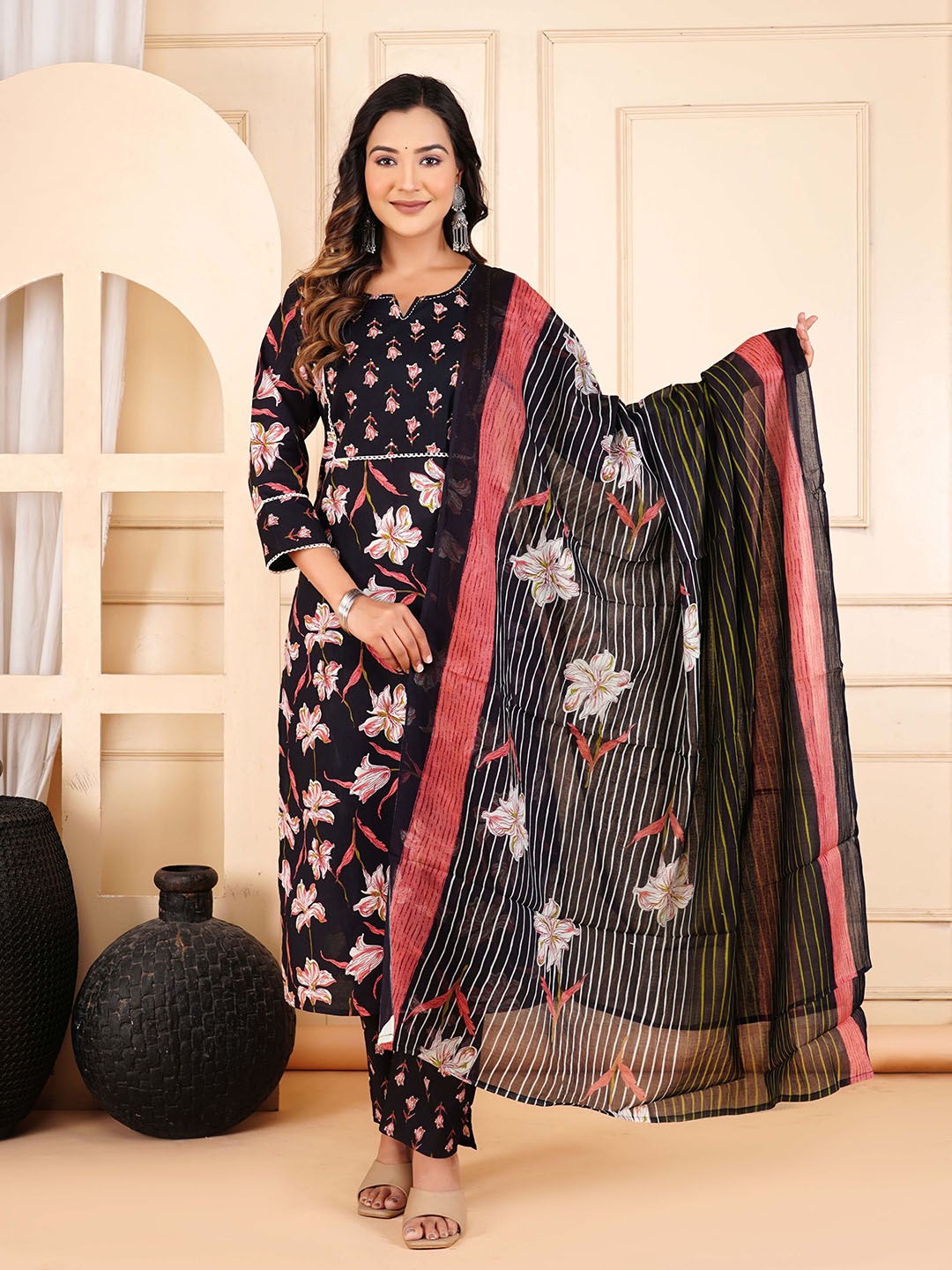 

FABISTA Floral Printed Sequinned Pure Cotton Kurta With Trousers & Dupatta, Black