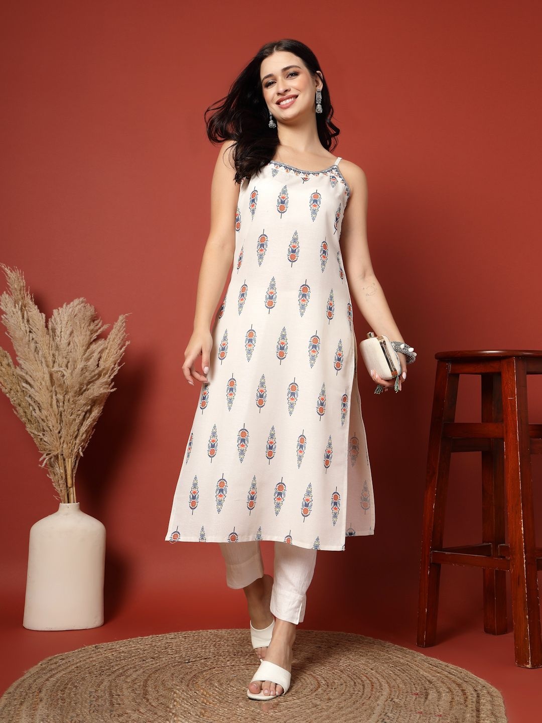

all about you Ethnic Motifs Printed Sequinned Cotton Straight Kurta, White
