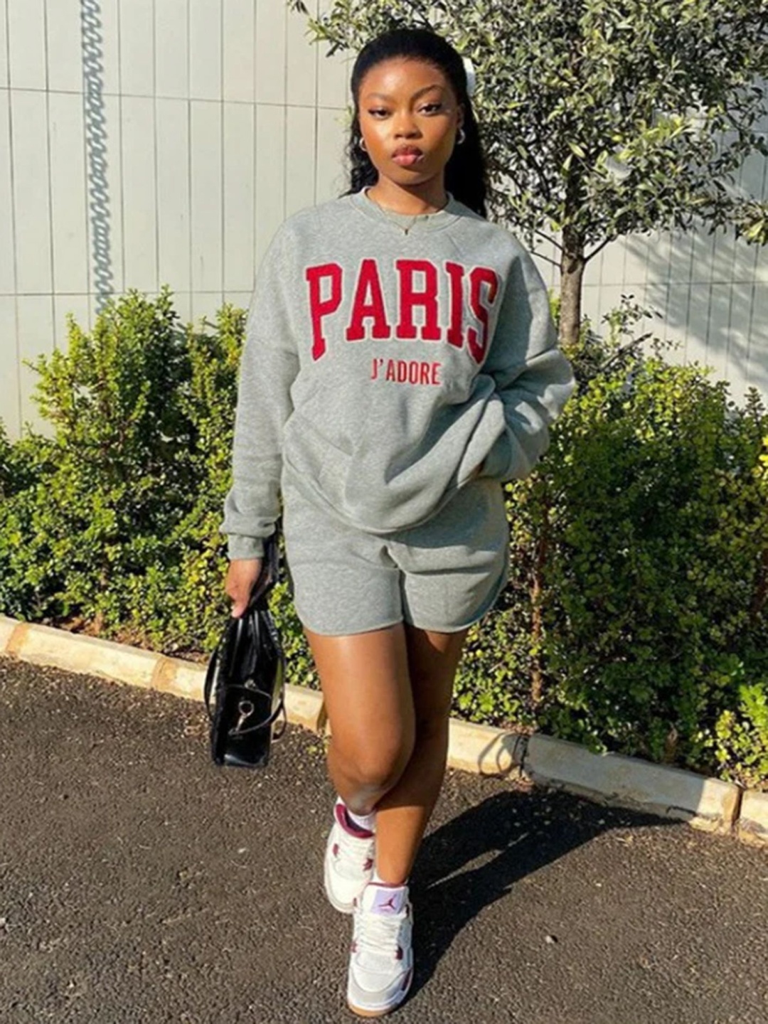 

LULU & SKY Typography Printed Round Neck Heathered Sweatshirt With Wide Shorts, Grey