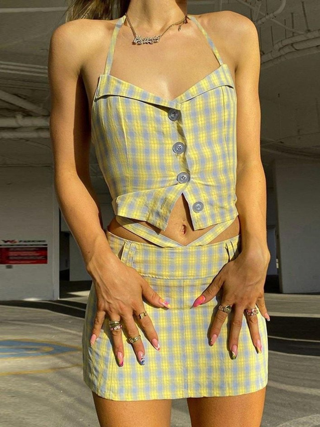 

LULU & SKY Checked Halter Neck Top With Skirts, Yellow