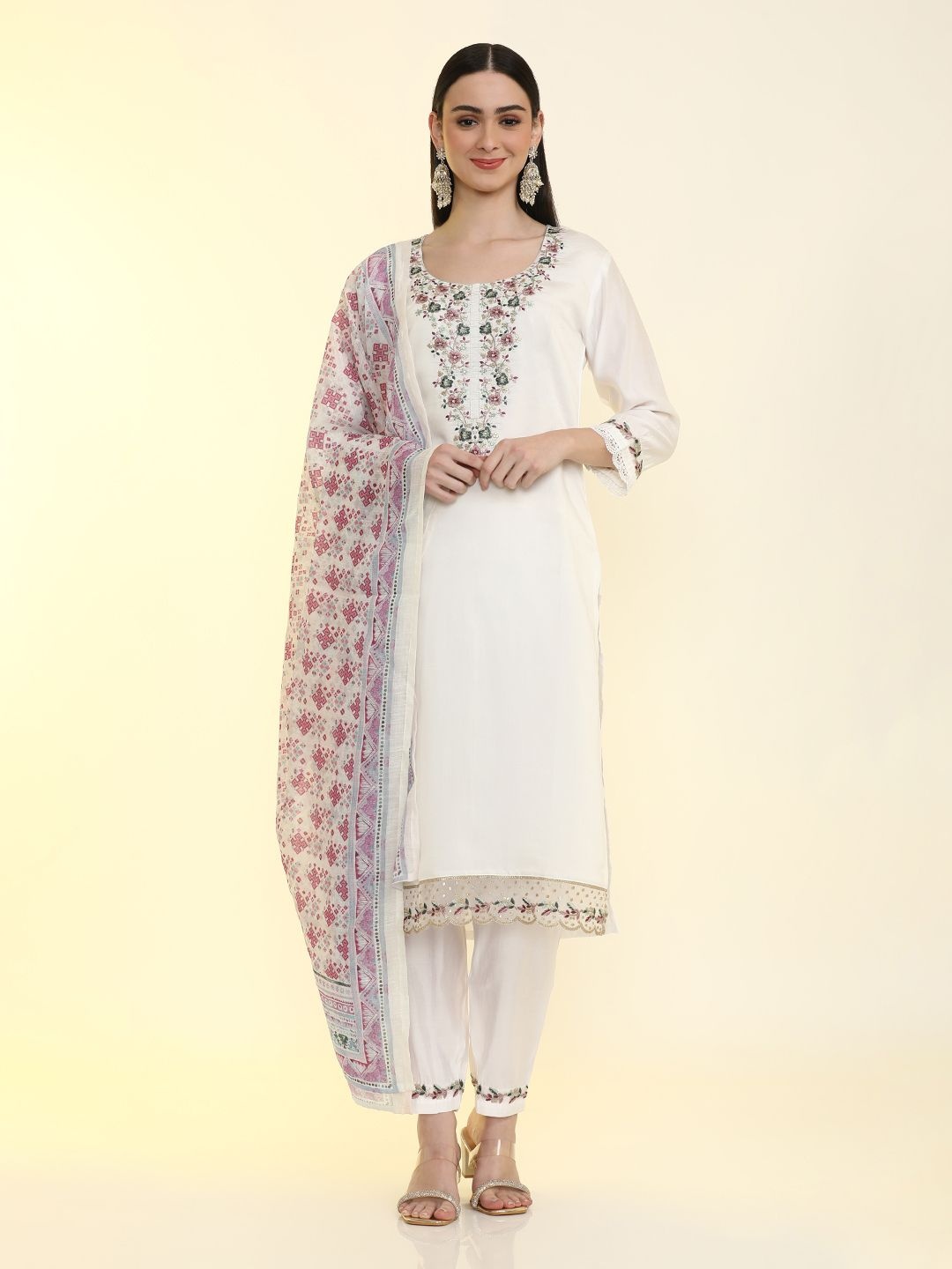 

Jaipur Kurti Ethnic Motifs Yoke Design Thread Work Chanderi Silk Kurta Trousers & Dupatta, White