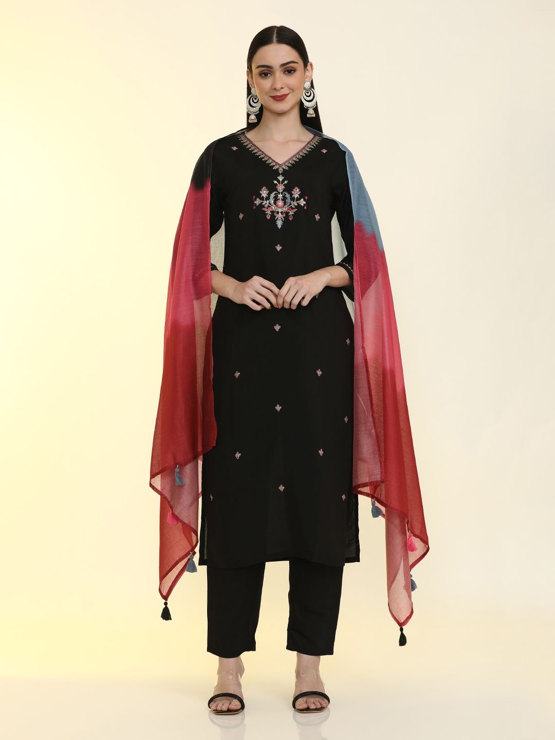 

Jaipur Kurti Ethnic Motifs Embroidered Straight Kurta with Trousers & Dupatta, Black