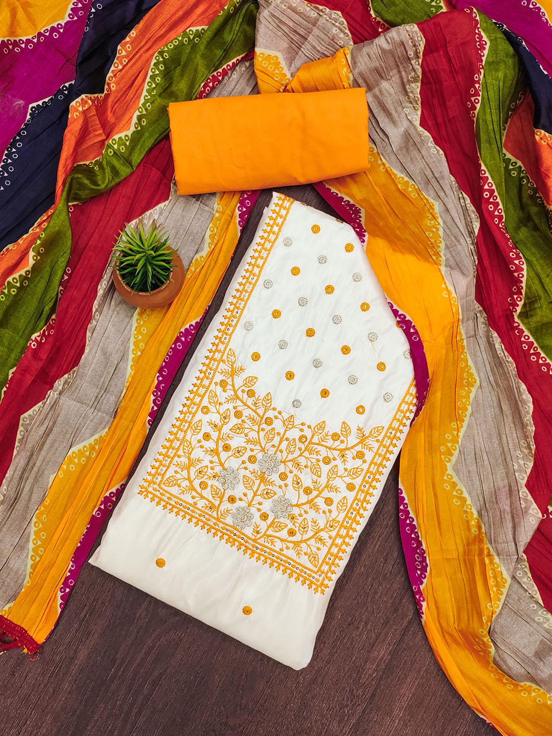 

MANVAA Floral Embroidered Sequinned Silk Cotton Unstitched Dress Material, White