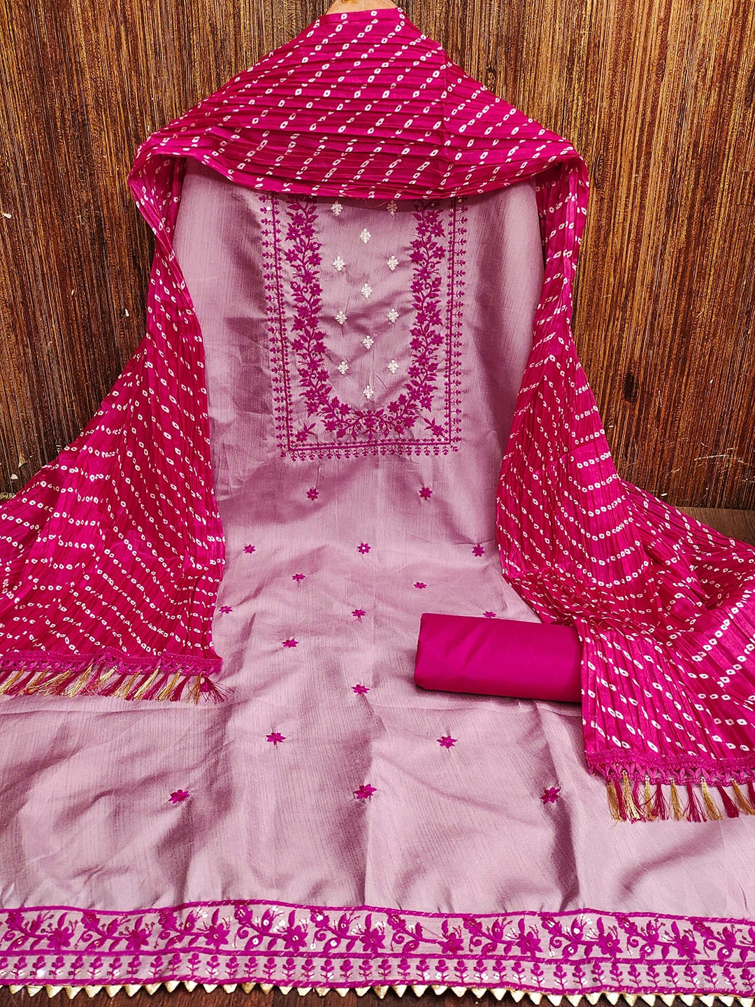 

MANVAA Floral Embroidered Sequinned Silk Cotton Unstitched Dress Material, Pink