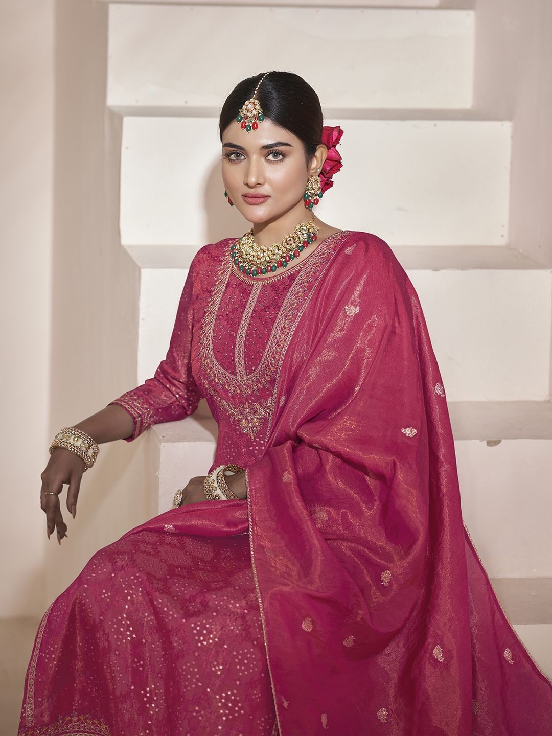 

Kvsfab Floral Embroidered Zari Work Jacquard Straight Kurta With Trousers & Dupatta, Pink