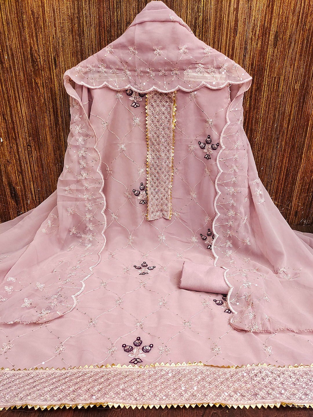

MANVAA Floral Embellished Sequinned Unstitched Dress Material, Pink