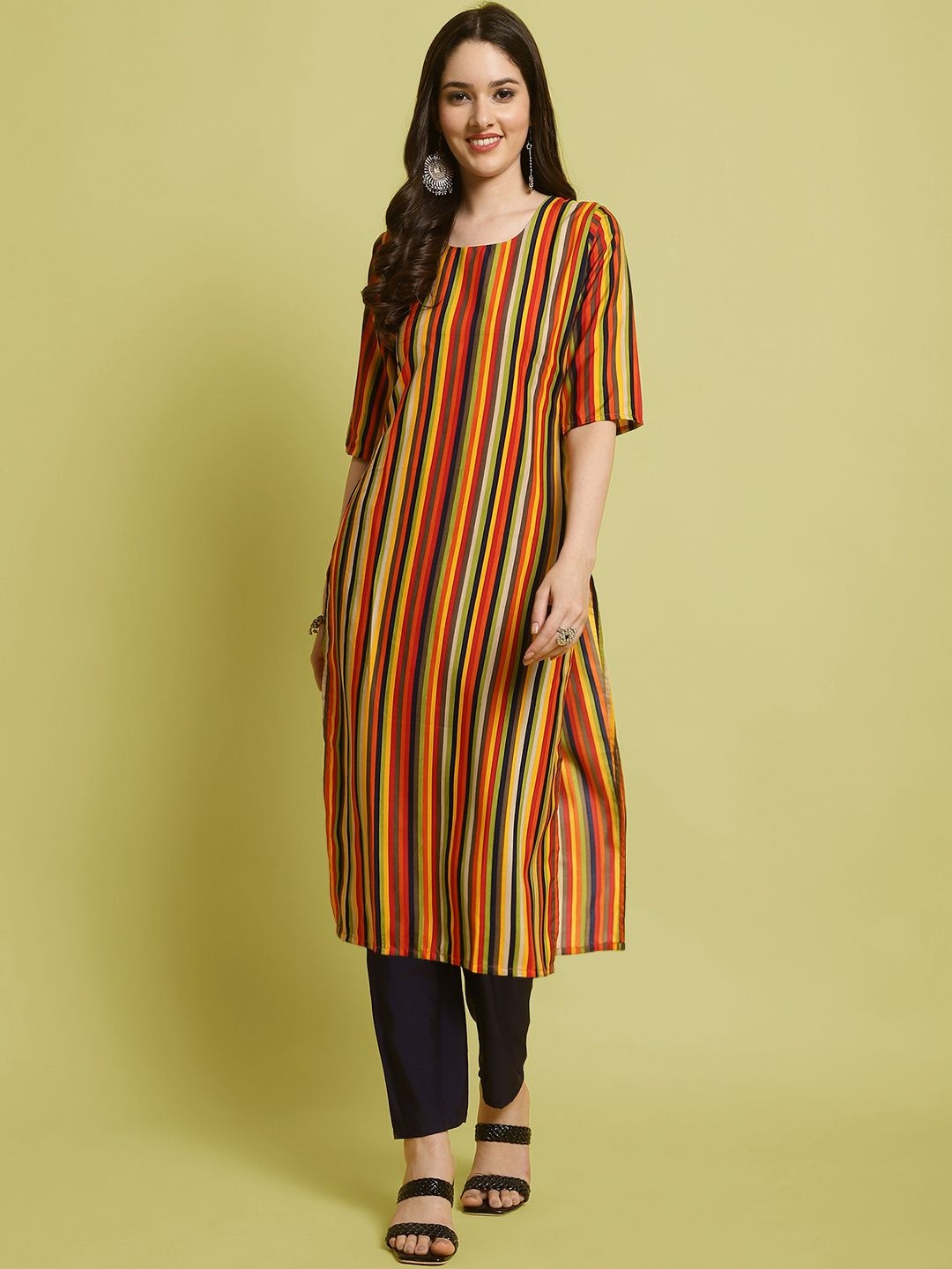 

7Threads Straight Round Neck Straight Kurta with Trousers, Orange