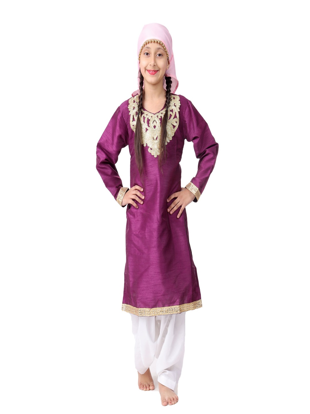 

itsmycostume Girls Floral Yoke Design Dupion Silk Kurta With Salwar, Purple