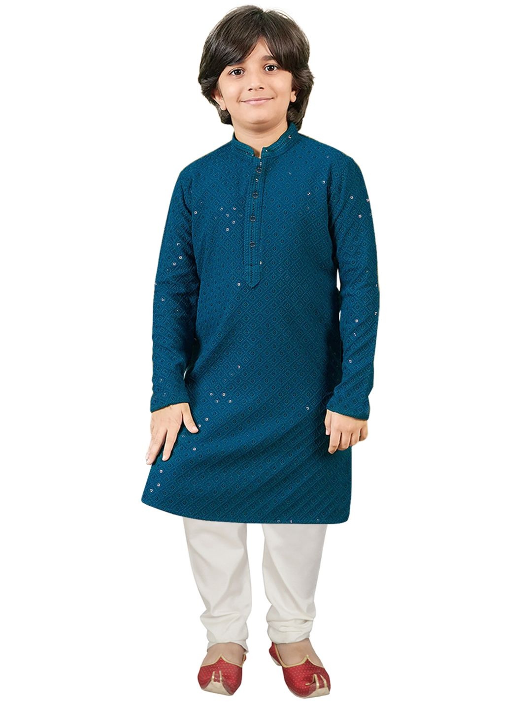 

SG YUVRAJ Boys Sequinned Mandarin Collar Straight Kurta with Pyjama, Blue