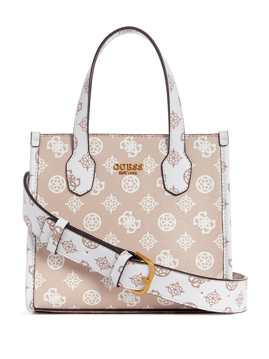 

GUESS Brand Logo Printed Structured Handheld Bag, Beige