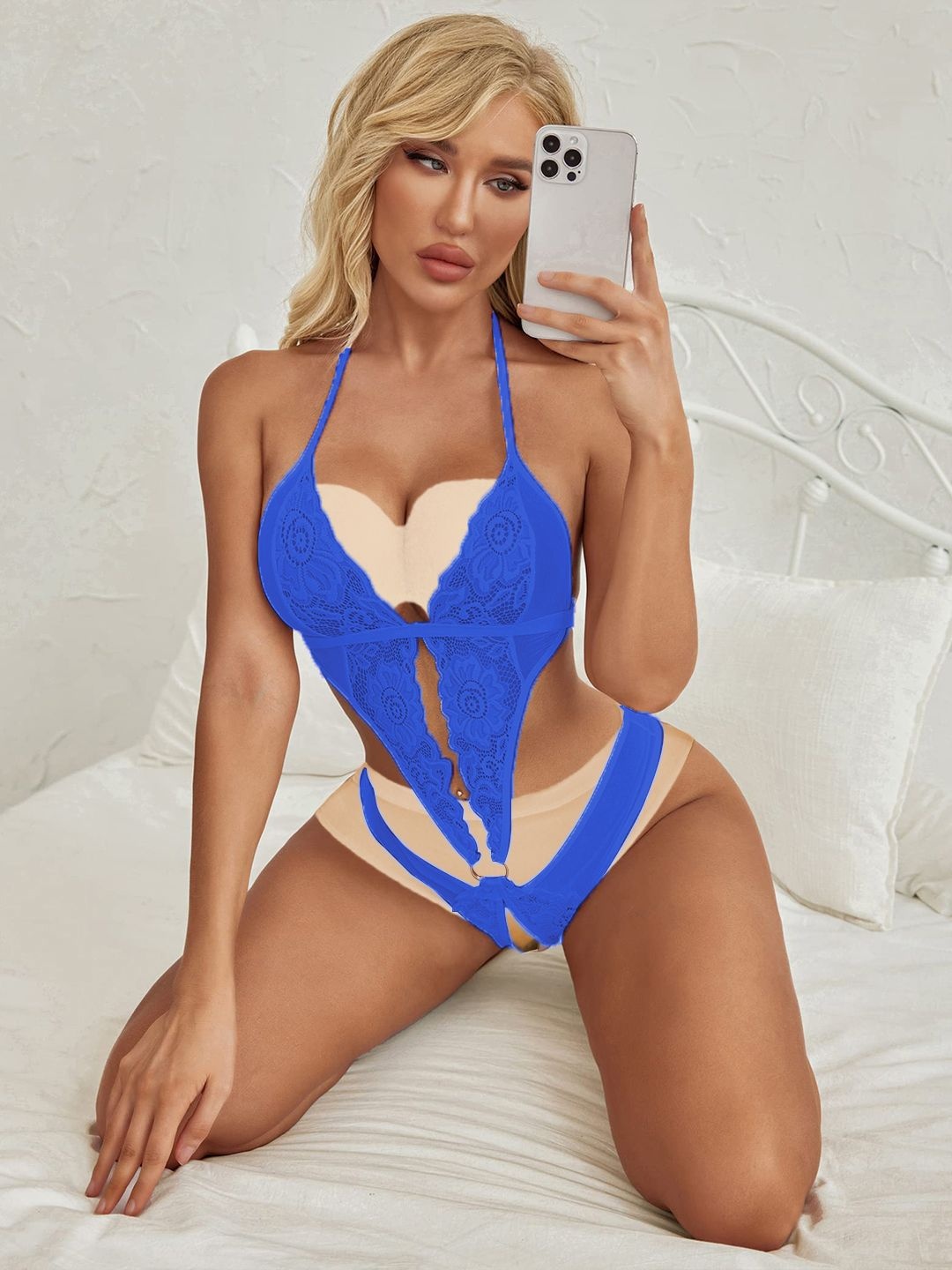 

KRENOZ Women Halter Neck Net Baby Doll, Blue