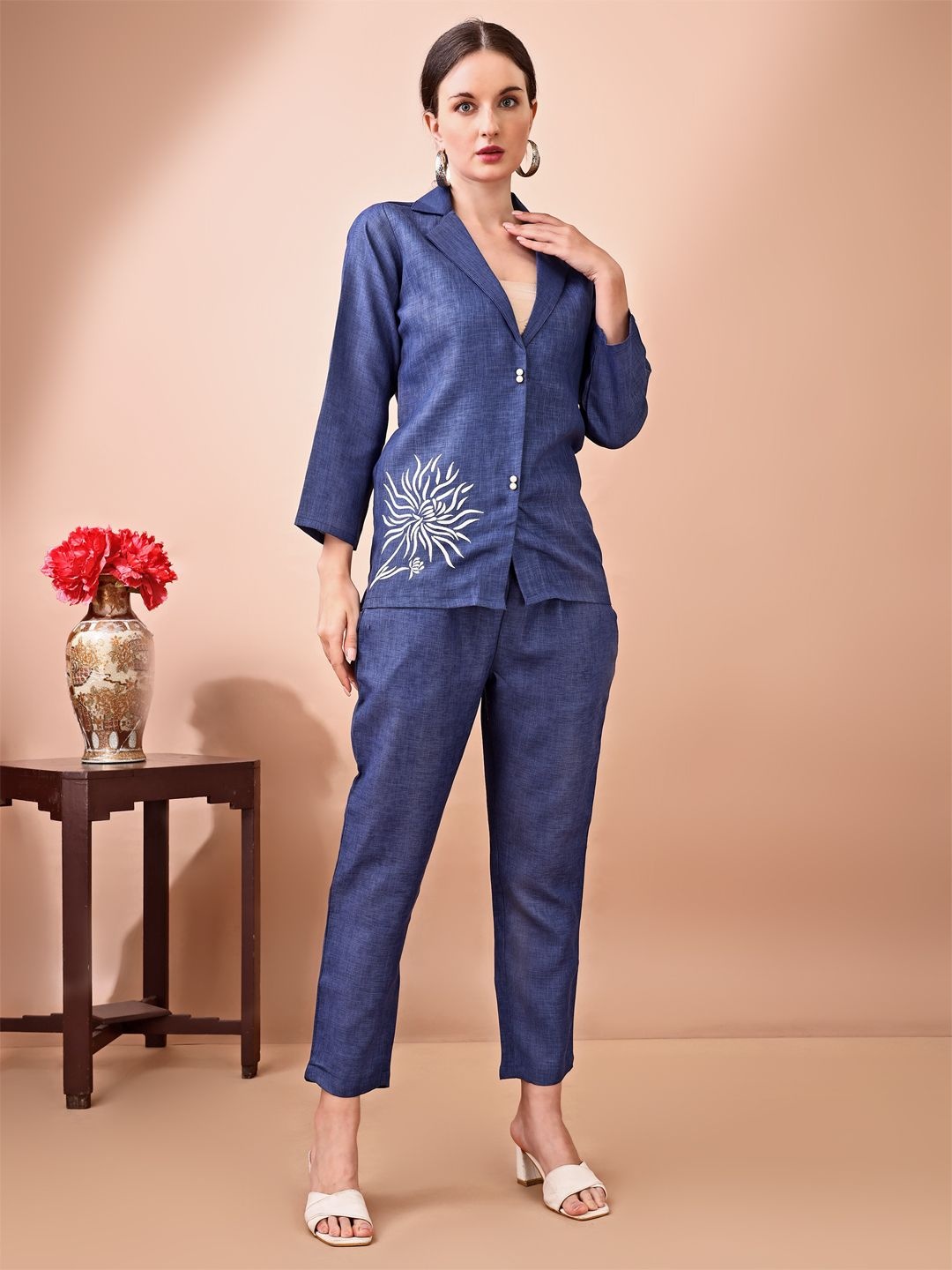 

Tikhi Imli Embroidered Notched Lapel Collar Linen Blazer With Trouser, Blue