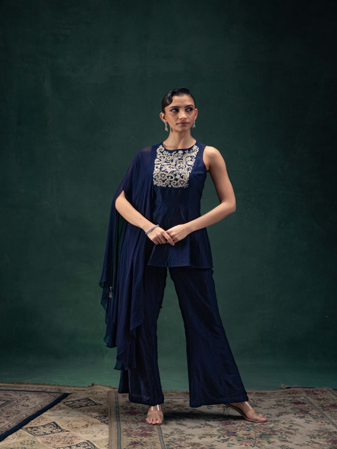 

Label Naariti Embroidered Round Neck Sleeves Raw Silk Top & Palazzo, Navy blue